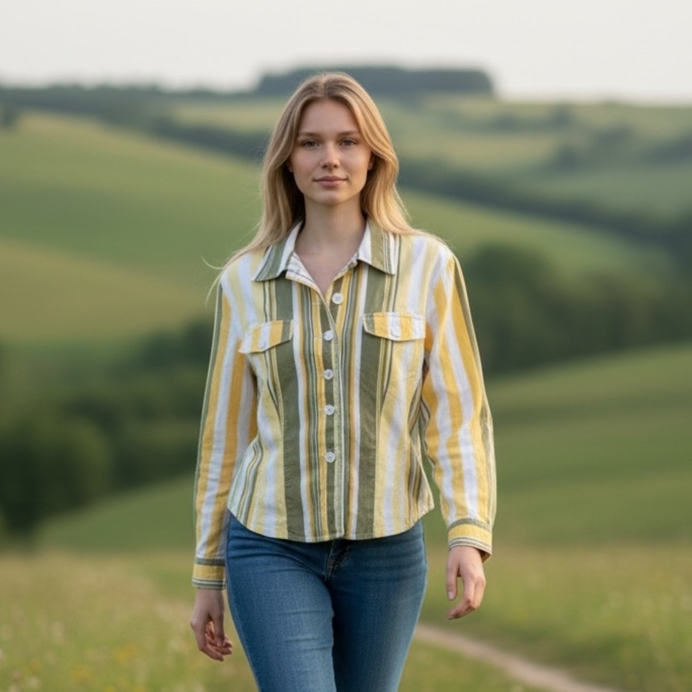 Mondi Vintage Green and Yellow Striped Button-Down Shirt